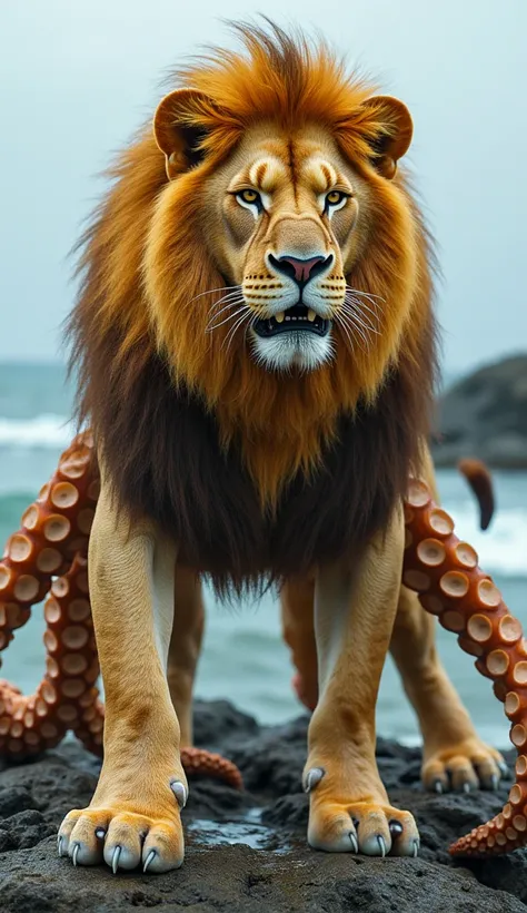 "The fusion of a lion and octopus: A powerful lions upper body and head with golden fur, but its legs replaced by eight massive, muscular octopus tentacles. The tentacles are covered in intricate, textured suction cups, glistening with seawater. The hybrid...