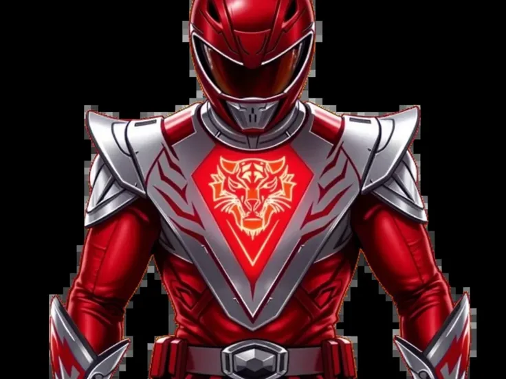 "Create a highly detailed illustration of a Red Power Ranger wearing sleek, futuristic armor. The armor is slim-fitting and features a bold metallic silver V pattern on the chest, engraved with flame-like details that converge at the center. At the heart o...