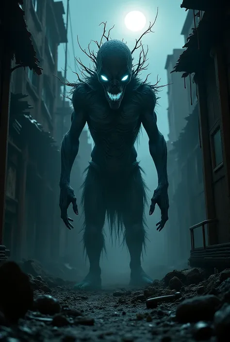 a half-spirit monster, Realistic, Dark, Focus, on the street where it is very dark and there are many ruins 