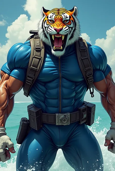 (A rugged beefy extremely muscular bulky old man), (wearing blue fullbody zipper wetsuit), (wearing realistic roaring tiger mask), thumbs up pose, wearing bulky harness, wearing bulky scuba gear, muscular physique, toned muscles, fierce, heroic, action, co...