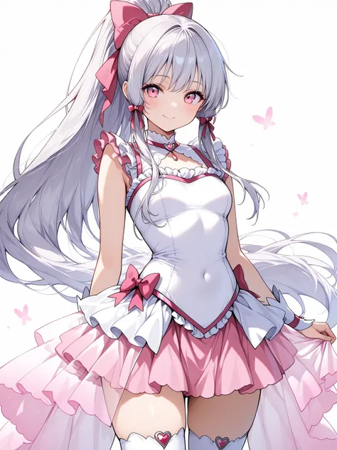 ((masterpiece, best quality)), 1girl, silver hair, long hair, ponytail, long sidelocks, pink eyes, magical girl, fluffy, (white frilled dress, sleeveless, pink skirt, white overskirt, see-through showgirl skirt, frills), white thighhighs, hair ribbon, smil...