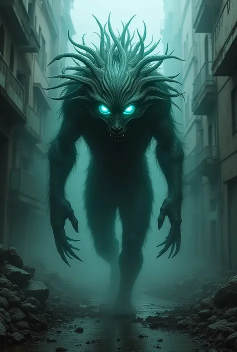 a half-spirit monster, super Realistic, Dark, Focus, on the street where it is very dark and there are many ruins, light turquoise eyes, Long-term plan