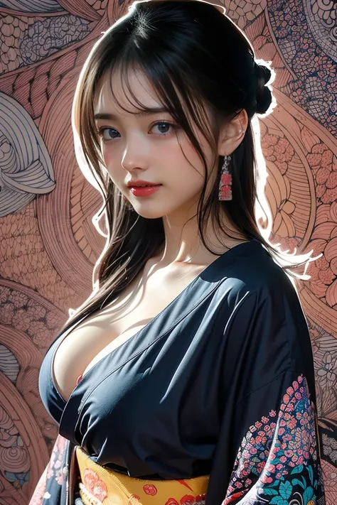 ( illustration style background:1.5),  (ukiyoe pattern:1.3), ( zentangle pattern:1.3), (colorful:1.5), Japanese women,kimono、building,smile, blur background ,  cinematic lighting , 25 years old,Center parting,red lips,straight hair,realistic, black hair,((...