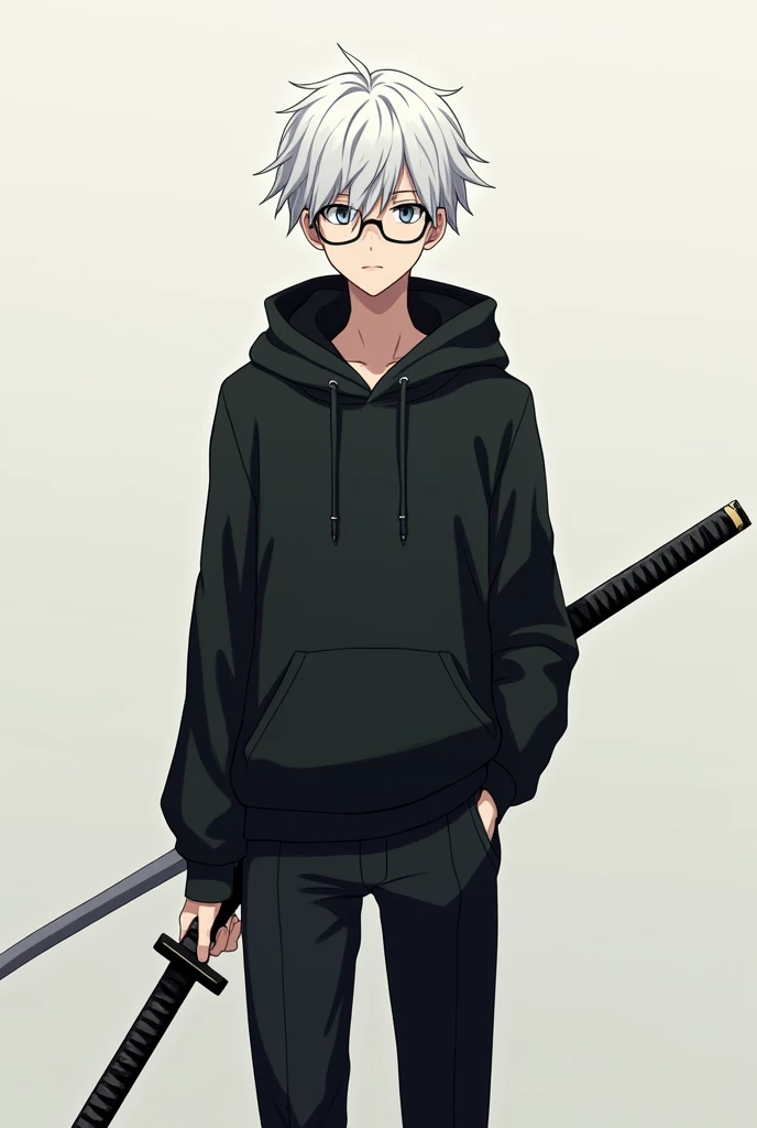 A WHITE-HAIRED MALE ANIME WEARING A BLACK SWEATER WITH A LONG-SLEEVED HOOD, LONG LEGS, GRAY EYES, AGED ABOUT 20 TO 30 YEARS OLD, WEARING GLASSES, HOLDING A KRABI SWORD WITH HIS LEFT HAND.