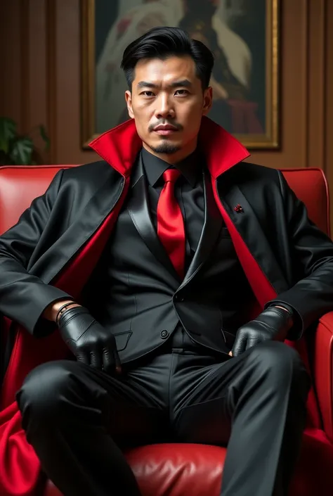 Chinese gentleman ,30 years old,daddy,"wear a black shiny satin suit and a satin cape with a high red collar, very glossy pants, red necktie, waistcoat, shiny satin trousers,dark gray satin fabric ,Dad sit down on the sofa, k hd,in the office,"big muscle" ...