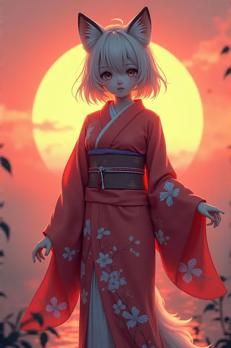 Anime girl with Kimono and fox mask in sunsey