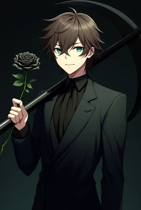  make my anime character with hair similar to Rin Itoshi from Blue Lock but with messy brown hair, Do it with emerald green eyes ,  a black tuxedo with a black rose and clutching a scythe on his back 