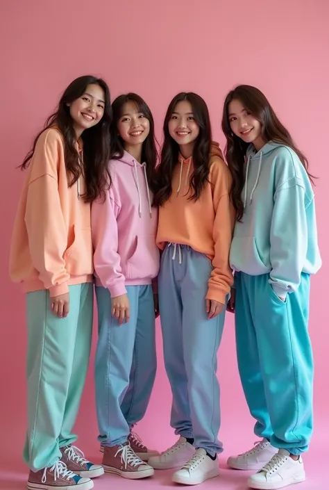 Kpop girl group, 4 members, photoshoot, kpop, unique, Hip hop concept, looks like twices "Im gonna be a star", everyone has their own color clothes, baggy clothes, appropriate clothes, baggy jeans, hoodie, Members look like aespa