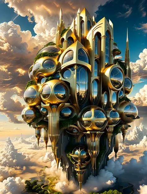 Fantasy, ((In the style of Greg Rutkowski)), Heavenly Angels, ((New Heaven, New Earth)), ((Futuristic architecture)): Celestial Mansions of Gold and Crystal rising above vibrant forests, inhabited by magical creatures and luminous energy. The crystal rooft...