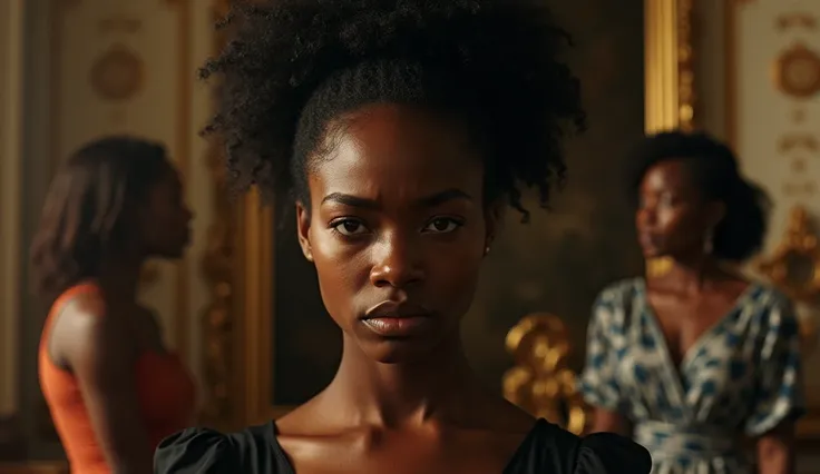 A real picture showing an unhappy young black woman, inside a beautiful mansion angry and depressed, in background two black women, house workers are gossip about her