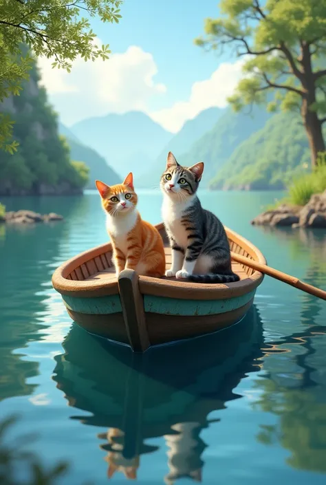 Two cats sitting on the boat 