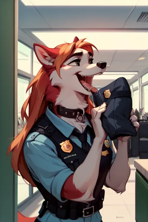 Score_9, score_8_up, score_7_up, score_6_up, Long haired husky, anthropomorphic, furry, black police vest, black leather collar, badge,saliva, smile, open mouth, tongue out, sniffing boxes, airport cargo room 