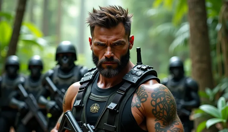 a close up of a man standing in front of a group of soldiers, concept art like ernest khalimov, rambo, from a 2 0 1 9 sci fi 8 k movie, karl urban as wolverine, in a jungle environment, cyber monkey in the scifi forest, male soldier in the forest, 3 rd per...