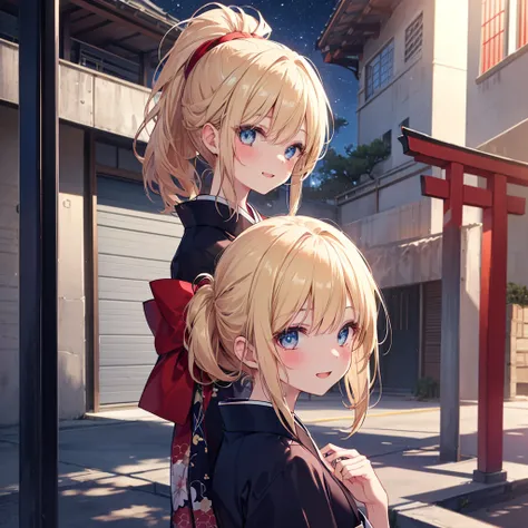 ( Best Quality 、8k、masterpiece))、(( 1 girl))、(( cute))、 big smiles in the garage、 blushing 、 is opening her mouth、Blonde color hair、 Ponytail、 super detailed face、 super detailed eyes、Ultra detailed hair、(( kimono))、Beautiful Obi、Red Torii Gate、 beautiful ...