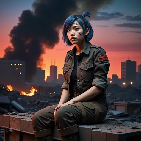 Young woman asia, with blue hair shoulder and fringe, tactical jacket. 