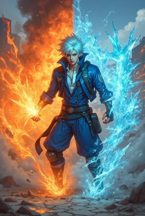 Shoto Todoroki,  Dynamic Action Poses , During combat,  He is screaming with intense intensity,  His body is split between the powers of fire and ice,  His left side is engulfed in bright flames, Burning Fire,  Sparks fly,  His right side is emitting a col...