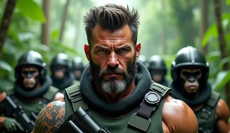 a close up of a man standing in front of a group of soldiers, concept art like ernest khalimov, rambo, from a 2 0 1 9 sci fi 8 k movie, karl urban as wolverine, in a jungle environment, cyber monkey in the scifi forest, male soldier in the forest, 3 rd per...