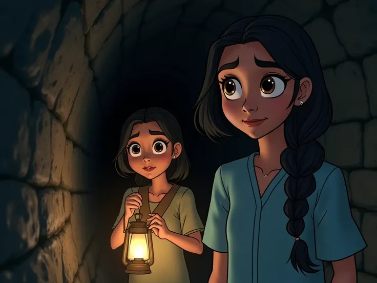 zara  woman flowing black hair tied in a braid. She has sharp, curious brown eyes  and laiba A cautious young woman with shoulder-length black hair and soft brown eyes. She wears a light blue kurta  women  descend into the tunnel, using their lantern to li...