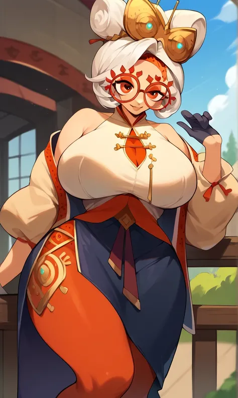 score_9, score_8_up, score_7_up, score_6_up, score_5_up, score_4_up, (source_anime), purah,
1girl,  huge breasts, narrow waist, thick thighs,  hair ornament, red headband, red glasses, sleeveless shirt, white coat, black skirt, red leggings, gloves, high h...