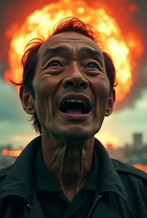 A close-up of Tsutomu Yamaguchi’s face, illuminated by the eerie glow of an atomic blast behind him. His expression is a mix of shock, determination, and resilience. The background is a kaleidoscope of intense colors—orange, red, and white—merging with sha...