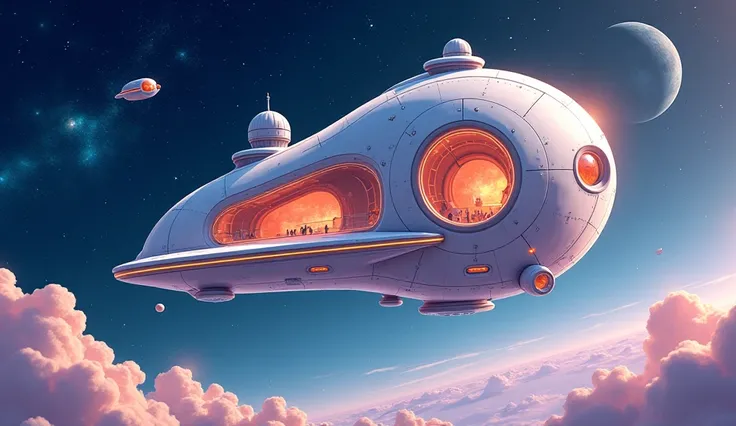 In style Kawaii An illustrated-style futuristic space house floating in space, designed with smooth metallic surfaces and organic curves, featuring large transparent windows revealing the vastness of space. The house has a spherical design, with glowing ar...