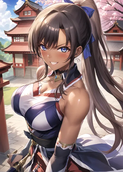 source_anime, best quality, masterpiece, (dark skin house wife:1.4), bare shoulders, sleeveless, cleavage, bare arms, looking at viewer, black hair ribbon, cleavage cutout, (dark skin:1.3), choker, long hair, blue eyes, blush, straight hair, ponytail, (mus...