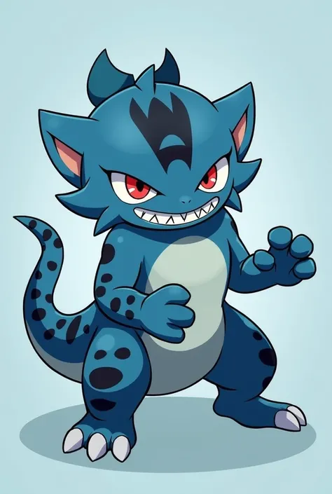  Create a Pokémon based on the jaguars , Water and dragon type .  It has a big and strong appearance ,  it has spots of a jaguar and a tiger ,  it has and its look some parts that refer to a shark ,  its colors are some shades of blue ,  has a black stripe...