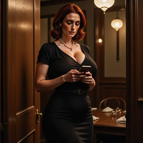 photorealistic  picture featuring a beautiful british woman in a restaurant. She is standing outside the door of womens bathroom. She is checking her cellphone. She is wearing a classic black cocktail dress with a tailored, form-fitting bodice and a flatte...