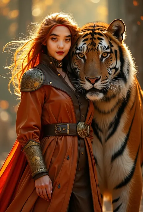 Create a warm and mystical scene featuring a striking young woman with long, fiery red hair flowing in soft waves, highlighted by delicate freckles on her face. She wears a fitted, high-collared leather coat in deep orange with intricate embossed patterns ...