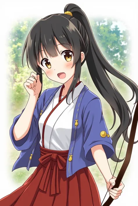   The character is an animated figure with long, dark hair , ponytail,  wearing traditional Japanese clothing .  The costume consists of a blue and white blouse with gold details and a red obi.  She is holding what appears to be a bow in her right hand , s...