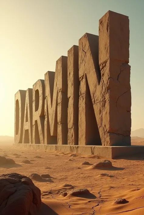 " An enormous letters DARMIN made of rough stone ,  isolated in a vast desert landscape with no signs of modernity,  dry, cracked earth and distant dunes in the background , the soft light of the setting sun creates a golden hue , Hyperrealism, photorealis...