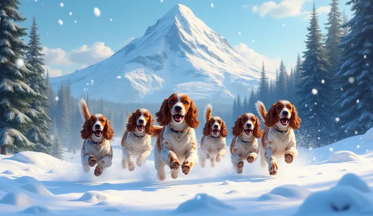  Many spaniels run, forest , snow,  snowy mountain peak , Happy New Year