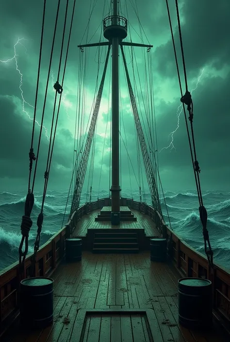 A stunningly detailed scene of the Mary Celeste’s empty deck under a stormy, multicolored sky. The ropes sway gently, and barrels lie scattered, hinting at the crews sudden disappearance. The sea beneath churns with a surreal blend of deep green, electric ...