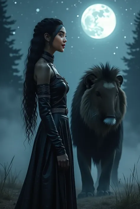 Create a serene and mystical scene featuring a confident and enigmatic woman with long, wavy black hair styled in loose braids. She wears sleek, black leather attire with shimmering silver accents that catch the soft moonlight. She stands side by side with...