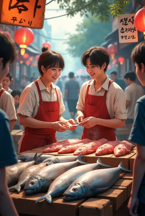 Jeon Jungkook and kim taehyung selling fish