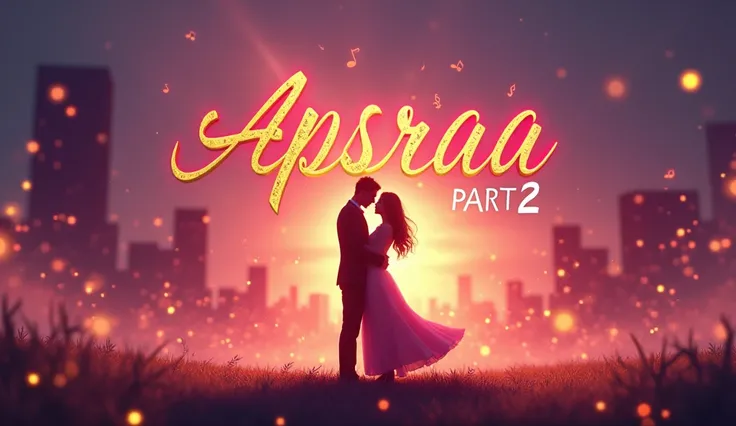 A creative YouTube thumbnail for a music video titled Apsraa Part 2. The thumbnail features a glowing city backdrop with a dreamy, romantic vibe. A silhouette of a couple is subtly placed in the center, surrounded by musical notes and soft light beams. The...