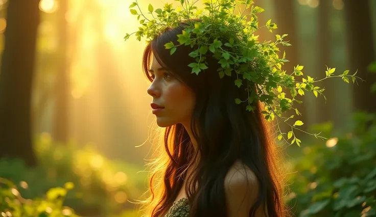 Close-up of Daphne’s hair as it begins to shimmer and morph into delicate green leaves. Each strand flows upward, transforming into vibrant foliage under the golden rays of the sun, signaling her connection to nature.