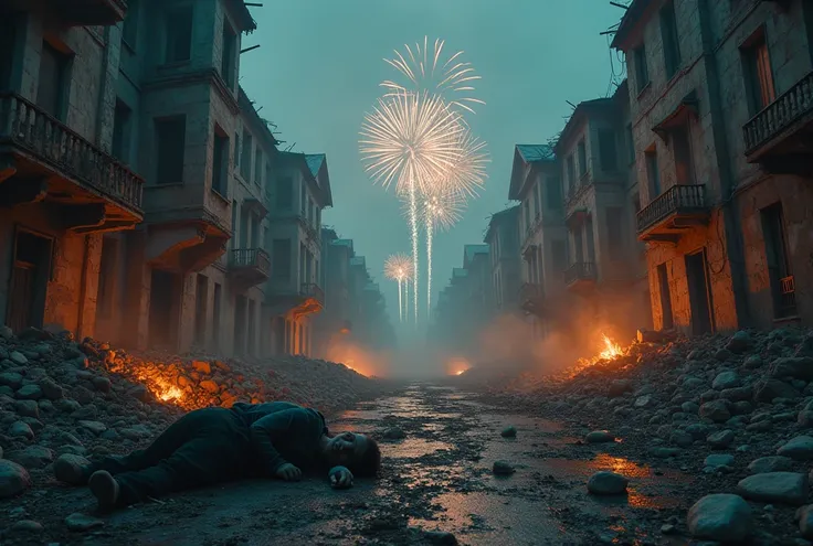  In a ruined dirty city beggars lie on the ground , felettük ronda narancssárga nyakkendős kövér emberek nevetnek. In the sky you can see fireworks .  There should also be a name plate of a city with the inscription Nagykőrös 