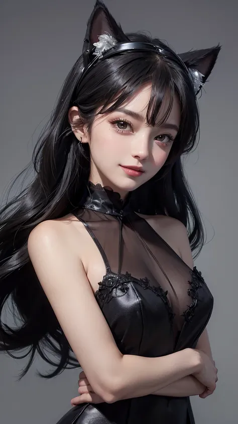  ((masterpiece, top quality ,Ultra delicate,perfect face,16k, high res, VERY BEAUTIFUL GIRL )),Black Cat Girl ,smile, black dress,Black cat ears, Black cat&#39;s tail , black hair