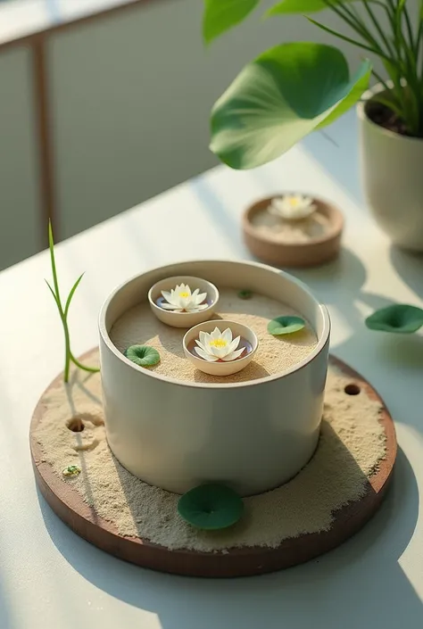 In cylinder shape lying on table surface put in it dust and little grass, and make holes inside the dust in those holes put littel cups of water in this cups lotus flowers on shiny spot