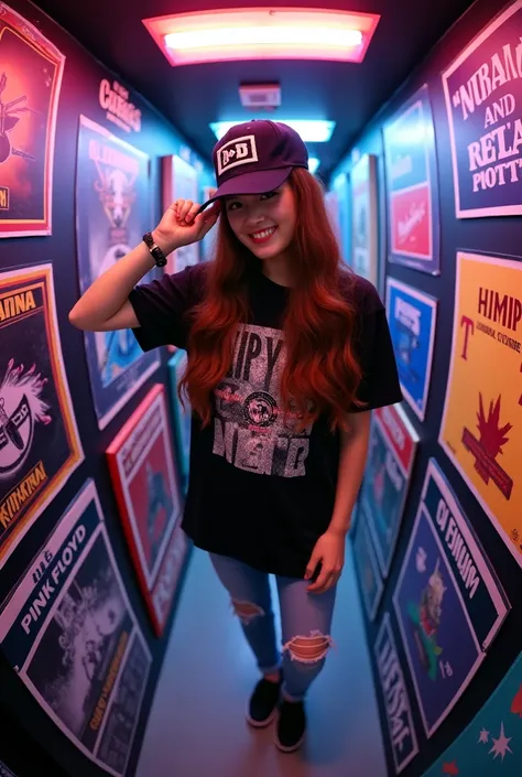 A full-body photograph taken from a top view using a convex fish-eye lens captures a young korean woman with long, wavy hair. She is wearing a baseball hat featuring the DC logo and a black graphic T-shirt. The woman is smiling in a relaxed pose, with one ...