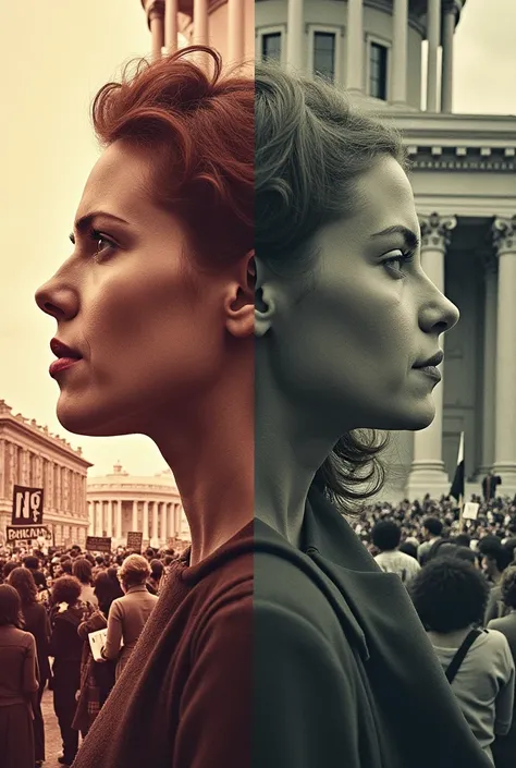 A combination of historical and current photos ,  as a demonstration for the right to vote in the past together with a recent protest for gender equality.