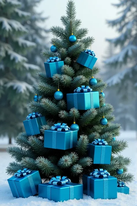 Make me a Christmas tree with 6 blue gift boxes 