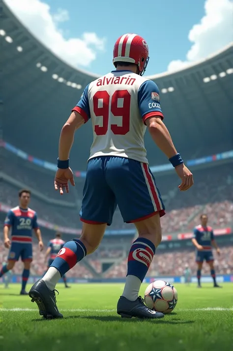 a football player is taking a kick wearing a costume that says "ALVIARIN" number 99 on the back of a Japanese football field full of spectators and the enemy standing behind him blue-lock 11