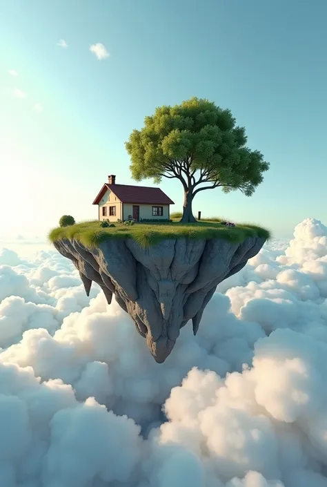 arafed house floating in the air with a tree in the middle, a 3D render by Alexander Kucharsky, cg society contest winner, fantastic realism, floating island in the sky, floating island, floating city on clouds, floating lands in-clouds, island floating in...