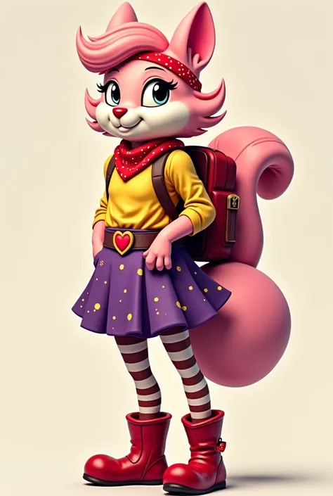  furry sexy tall Squirrel girl with pink wavy hair on head, purple skirt with yellow dots with belt with heart-shaped ornament, yellow blouse with collar, red bandana with white dots on neck, red hairband on head, polka dot stocking on left leg, striped st...