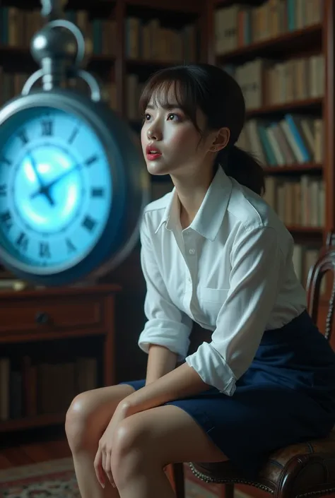 Beautiful, japanese girl, self-defense officer uniform, white shirt, navy tie, short sleeve, navy blue pencil skirt, black patent high heels, she sitting in a classic study as  A pocket watch hangs from just outside the frame, The pocket watch occupies 20%...