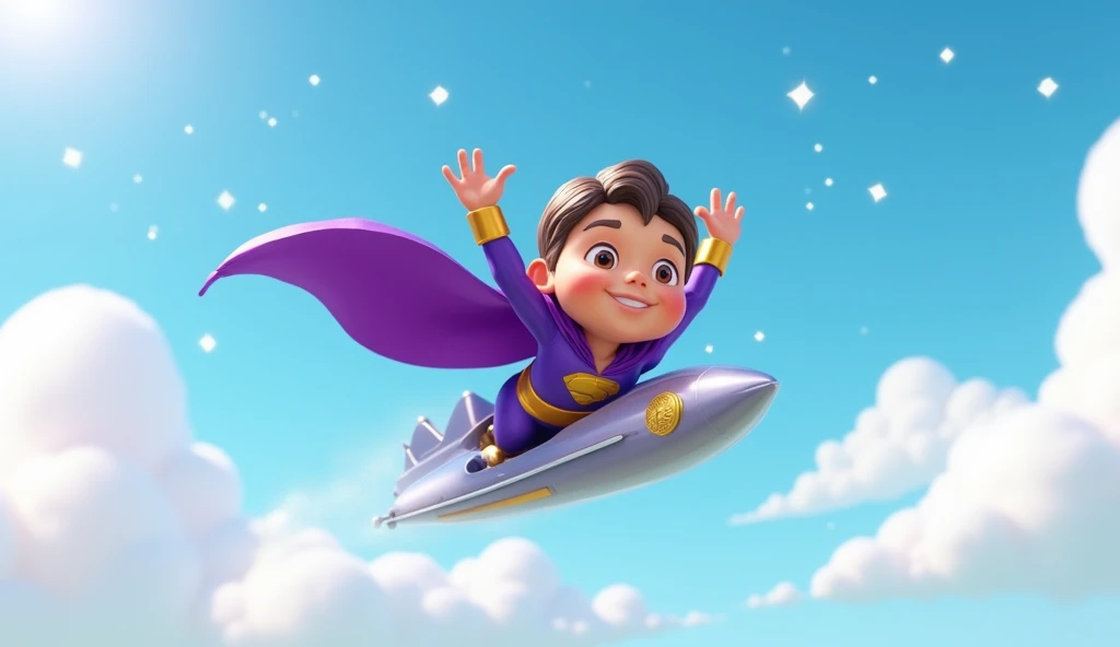  Super ID, wearing the purple and gold suit with silver accents and a purple cape, zooming through a sparkling blue sky with soft white clouds and a playful, dreamy backdrop.
   3D cartoon disney inspired