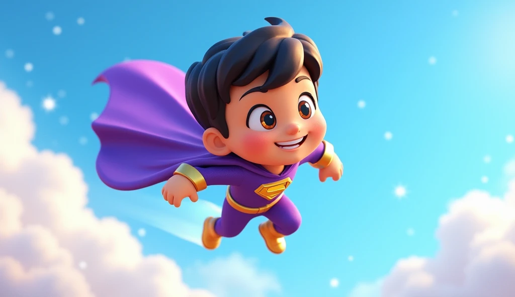  Super ID boy , wearing the purple and gold suit with silver accents and a purple cape, zooming through a sparkling blue sky with soft white clouds and a playful, dreamy backdrop.
   3D cartoon disney inspired