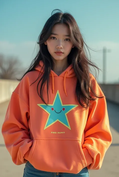 Kpop girl, 1 member, photoshoot, kpop, unique, Hip hop concept, looks like twices "Im gonna be a star", everyone has their own color clothes, baggy clothes, appropriate clothes, baggy jeans, hoodie, Members look like aespa